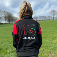 "15 Years of GRASSMEN" Adults Red & Black Two Toned 1/4 Zip Sweater