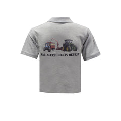 "John Deere 7R 350 & New Holland TM140 - Eat, Sleep, Chop, Repeat." Kids Heather Grey Polo Shirt